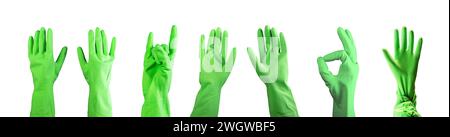Hands in green rubber gloves for cleaning, showing gestures, ok, rock, hi isolated on white Stock Photo