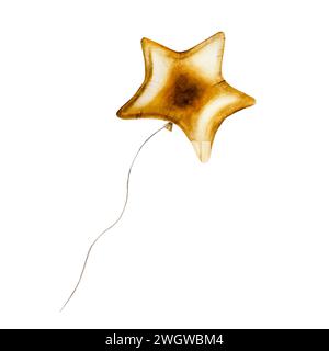 Watercolor golden foil star balloon on a strings. Hand drawn birthday and party decoration isolated on white background. Shiny element for designers, Stock Photo