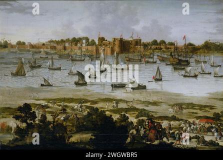 View of the Harbor of Sūrat (Gujarāt), anonymous, c. 1670 painting View of the port of Sūrat in Gujarāt during a fight between English and Dutch ships. The walled city is located on the other side of the water where the sea battle is raging. In the foreground Indians and cattle, on the right a few Westerners on horseback and in a car. Holland canvas. oil paint (paint)  factory-building. prospect of city, town panorama, silhouette of city - II - ideal city Surat Stock Photo