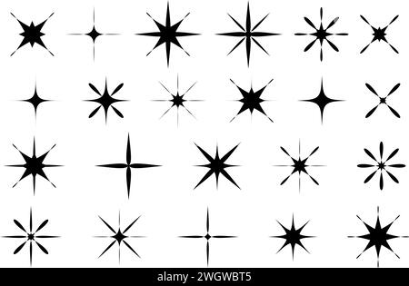 Set of Y2k stars in flat style for retro design. Collection of black silhouettes of stars. Vintage aesthetic signs and symbols 80s, 90s. Vector illust Stock Vector