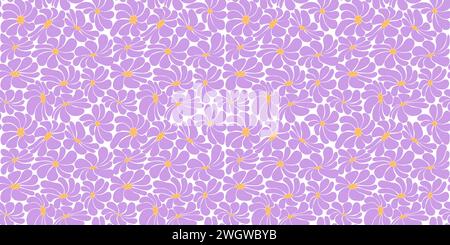 Horizontal seamless floral groovy background. Retro hippie pattern with daisies in the naive style of the 60-70s. Purple, yellow color. Vector illustr Stock Vector