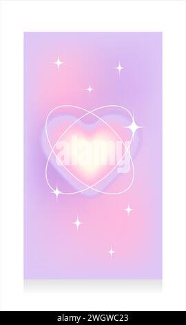 Vertical background with soft blurred gradient. Social media story template with heart in y2k style aesthetics with a brutalist effect. Pastel pink, b Stock Vector