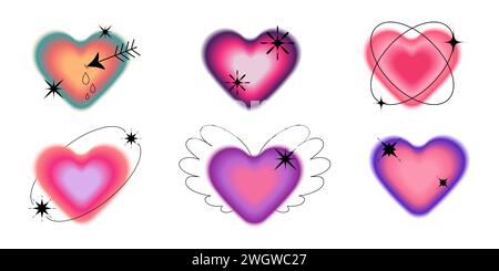 Blurred gradient y2k hearts with brutalist effect of linear orbit, stars, wings. Aesthetic aura heart symbols. Retro groovy symbols of the 80-90s. Soc Stock Vector