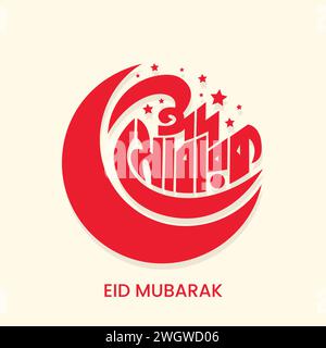 Eid Mubarak Bangla typography and calligraphy design with half moon and stars on white background. Bengali religion festival greeting card, poster, Stock Vector