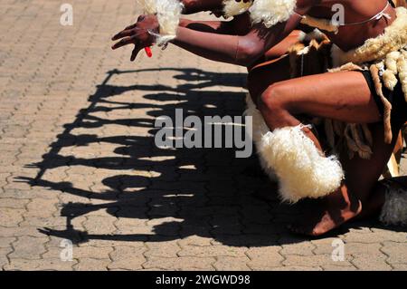 Zulu traditional dancers entertain the crowds during the iLembe Book Festival at the Luthuli Museum in Groutville, Kwa-Zulu-Natal in South Africa. Stock Photo