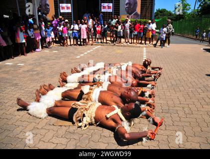 Zulu traditional dancers entertain the crowds during the iLembe Book Festival at the Luthuli Museum in Groutville, Kwa-Zulu-Natal in South Africa. Stock Photo