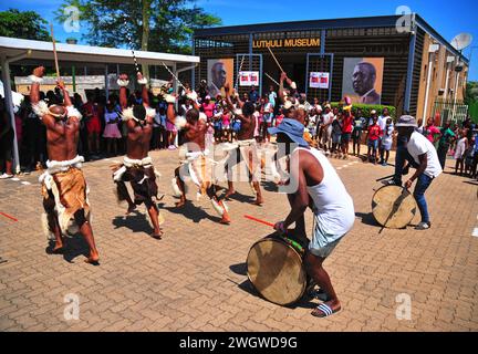 Zulu traditional dancers entertain the crowds during the iLembe Book Festival at the Luthuli Museum in Groutville, Kwa-Zulu-Natal in South Africa. Stock Photo