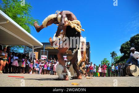 Zulu traditional dancers entertain the crowds during the iLembe Book Festival at the Luthuli Museum in Groutville, Kwa-Zulu-Natal in South Africa. Stock Photo