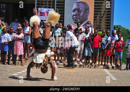 Zulu traditional dancers entertain the crowds during the iLembe Book Festival at the Luthuli Museum in Groutville, Kwa-Zulu-Natal in South Africa. Stock Photo