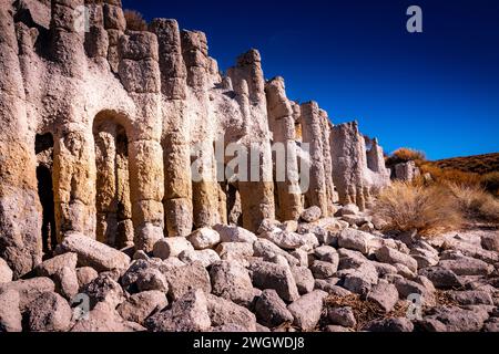 Some of the famous columns on the shore of Lake Crowley in Mono County, California.  Unique and strange rock columns along the shore. Stock Photo