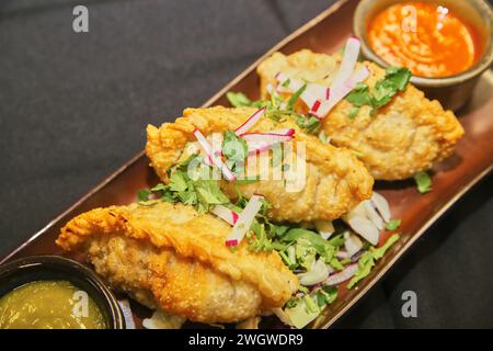 Hand-Crimped Empanadas with Fresh Garnish and Salsas Stock Photo