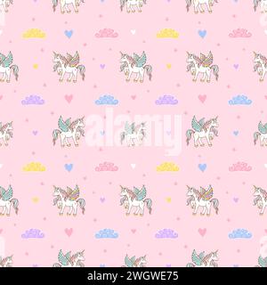 Seamless pattern of cute magical unicorns with wings on the sky with colorful clouds and stars. Vector cartoon design. Background texture for wrapping Stock Vector
