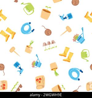 Seamless pattern with hand drawn gardening tools, agriculture equipment. Springtime wallpaper, horticulture concept Stock Vector
