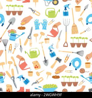 Seamless pattern with hand drawn gardening tools, agriculture equipment. Springtime wallpaper, horticulture concept. Stock Vector