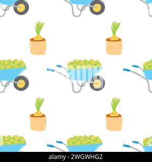 Seamless pattern with plant in pot and wheelbarrow. Hand drawn springtime garden tools, agriculture equipment, horticulture concept Stock Vector