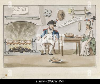 Republicin chef is roasting the European countries, 1795, Anonymous, 1795 drawing Cartoon with a kitchen in which a French soldier in uniform as a chef is roasting chickens above the fire. The chickens are referred to as: Spain, Emperor, Russia and England. The cook says 'I will get them ready'. The chicken called Prussia is on a plate on the floor. On the right the freedom is at the table with the chicken called Holland that she wants to roast by the cook. Netherlands paper. paint (coating) pen / brush spit  cooking Stock Photo