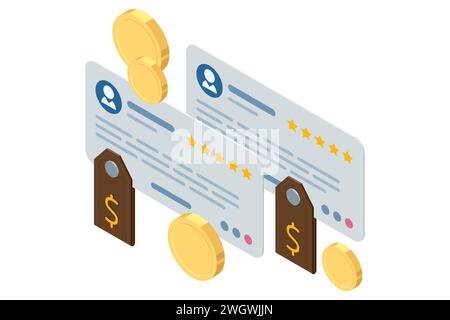 Isometric Customer review or feedback. Mobile payment. User reviews online. Speech bubble, text message, social media comment. Stock Vector