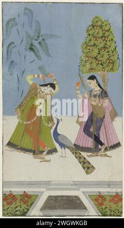 Two women and a peacock, Gujara Ragini, Anonymous (attributed to), 1780 - 1799 Indian miniature. drawing Two women are each under a tree. The judge votes the Tanpura under a fruit-bearing mango tree. The left holds onto the twig of a tree while looking at a peacock. Shorapur paper. gouache (paint) brush Stock Photo