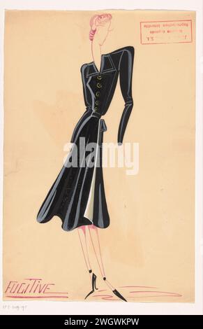 Fugitive, 1938 - 1940  Japon of black/gray fabric to just below the knee. Prosperous body with flat lapel and button closure in the middle front with large round gold -colored knots. Long close -fitting sleeves with wide shoulders. Ceintuur in the waist and clocking transshipment skirt with sewn down bag with valve. The transfer of the skirt has been knocked back and a white lining is visible. Bottom left the name. At the top right stamp fashion house Jeanne Lanvin. Paris paper. pencil. gouache (paint) brush fashion plates. dress, gown (+ women's clothes). bow (ornamental part of clothing) (+ Stock Photo