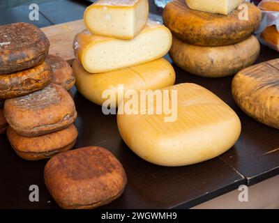Counter in cheese shop with large assortment Stock Photo