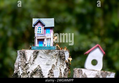 Small weathered colorful wooden house with dried leaves and spider webs on a tree stump Stock Photo