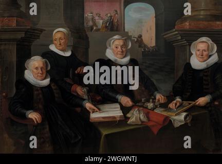 Three Regentesses and the ‘House Mother’ of the Amsterdam Lepers’ Asylum, Werner van den Valckert, 1624 painting Group portrait of the three Regentessen and the inner mother of the Leprozenhuis in Amsterdam in 1624. The Regentessen are around a table with a book, money bags and coins. In the background a scene from the story of the poor Lazarus and the rich man. Tijntie Ten Bergh, Anna Willekens and Tijntie Weelinx are portrayed.  panel. oil paint (paint)  board, esp. governors, trustees, etc. (Dutch: 'regenten') - AA - women (Dutch: 'regentessen'). the rich man (Dives) is feasting, while poor Stock Photo