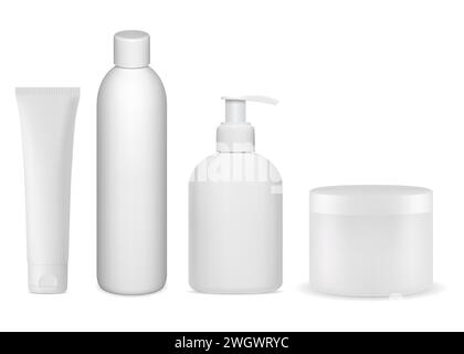 Cosmetic bottle collection. Set of cosmetics package mockup. Soap pump dispenser blank, cream jar, shampoo bottle, toothpaste tube design. Mock up Stock Vector