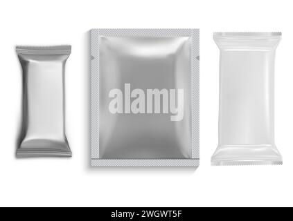 Chocolate bar wrapper. Foil pouch mock up, vector. Biscuit candy paper wrap blank. Silver aluminum sachet, crisp nutrition container for product brand Stock Vector