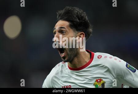 Doha, Qatar. 06th Feb, 2024. DOHA, QATAR - FEBRUARY 06: Yazan Al-Naimat of Jordan celebrates after scoring a goal during the AFC Asian Cup semi final match between Jordan and South Korea at Ahmad Bin Ali Stadium on February 06, 2024 in Doha, Qatar Credit: Sebo47/Alamy Live News Stock Photo