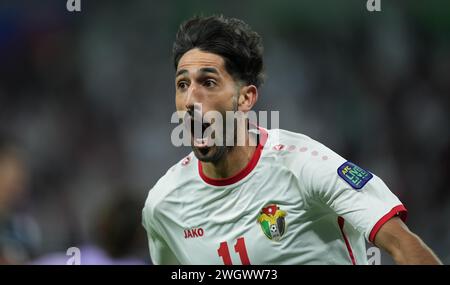 Doha, Qatar. 06th Feb, 2024. DOHA, QATAR - FEBRUARY 06: Yazan Al-Naimat of Jordan celebrates after scoring a goal during the AFC Asian Cup semi final match between Jordan and South Korea at Ahmad Bin Ali Stadium on February 06, 2024 in Doha, Qatar Credit: Sebo47/Alamy Live News Stock Photo