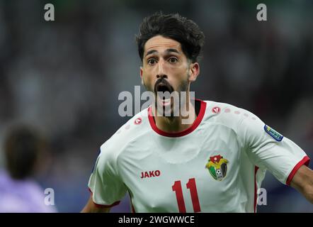 Doha, Qatar. 06th Feb, 2024. DOHA, QATAR - FEBRUARY 06: Yazan Al-Naimat of Jordan celebrates after scoring a goal during the AFC Asian Cup semi final match between Jordan and South Korea at Ahmad Bin Ali Stadium on February 06, 2024 in Doha, Qatar Credit: Sebo47/Alamy Live News Stock Photo