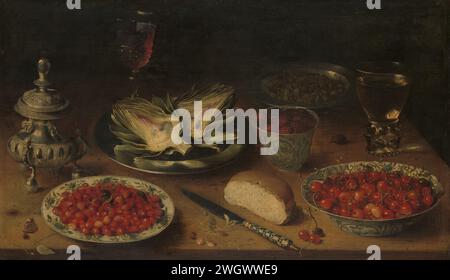 Still Life with Artichoke, Fruit in Kraak Porcelain Ware, a Salt Cellar/Pepper Castor, Osias Beert (I), c. 1605 - c. 1615 painting Still life with dishes and heads of Chinese porcelain in which strawberries, cherries and mulberries. On a pewter plate is a cut artichoke, next to a knife, a piece of bread, two glasses and a silver sugar bowl. Furthermore a fly and a butterfly.  panel. oil paint (paint)  foodstuffs; still life of foodstuffs. fruits: cherry. fruits: strawberry. vegetables and fruit; still life of vegetables and fruit. vegetables (with NAME) Stock Photo