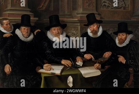 Four Regents and the ‘House Father’ of the Amsterdam Lepers’ Asylum, Werner van den Valckert, 1624 painting Group portrait of the four regents and the inner father of the Leprozenhuis in Amsterdam in 1624. The four regents are sitting at a table with a book, documents, an ink set and a scales. Being portrayed: Sieuwerd Sem, Hendrick van Bronckhorst, Ernst Roeters and Dirck Vlack. In the background, episodes from the story of the poor Lazarus and the rich man are depicted in relief.  panel. oil paint (paint)  board, esp. governors, trustees, etc. (Dutch: 'regenten'). the rich man (Dives) is fea Stock Photo