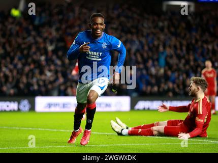 Rangers' Rabbi Matondo celebrates scoring their side's first goal of the game during the cinch Premiership match at Ibrox Stadium, Glasgow. Picture date: Tuesday February 6, 2024. Stock Photo