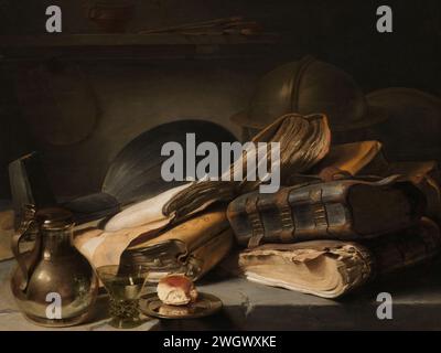 Still Life with Books, Jan Lievens, c. 1627 - c. 1628 painting Vanitas Still life with books, a pewter can, birchermeier, pewter plate with sandwich, lute and two globes. A palette hangs on the left on the wall.  panel. oil paint (paint)  still life of related objects. 'Vanitas' still life. book. workshop, studio  painter. bread, loaf Stock Photo