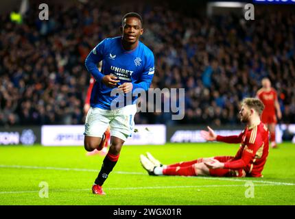 Rangers' Rabbi Matondo celebrates scoring their side's first goal of the game during the cinch Premiership match at Ibrox Stadium, Glasgow. Picture date: Tuesday February 6, 2024. Stock Photo