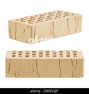 Yellow ceramic brick is isolated on a white background. Decorative pattern is old cracks. Stock Photo