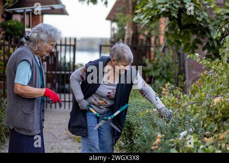 two elderly women working in garden together Stock Photo