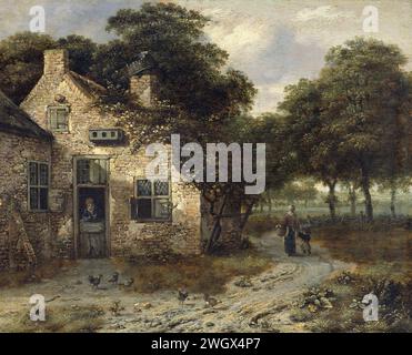 The Farmhouse, Jan Wijnants, 1655 - 1684 painting A farmhouse overgrown with vineyards. A man looks out over the lower door where chickens roam for the house. A woman with a child walks along a path along the house.  panel. oil paint (paint)  farm (building). farm or solitary house in landscape Stock Photo
