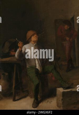 The Smoker, Adriaen Brouwer (attributed to), c. 1635 - c. 1640 painting Inn interior with a sitting smoking man. In the right hand a pipe, a jug in the left. On the left a man who fell asleep on the table. On the right a man enters the door.  paneel: oak (wood). oil paint (paint)  pipe  tobacco. farmers. inn, coffee-house, public house, etc. Stock Photo