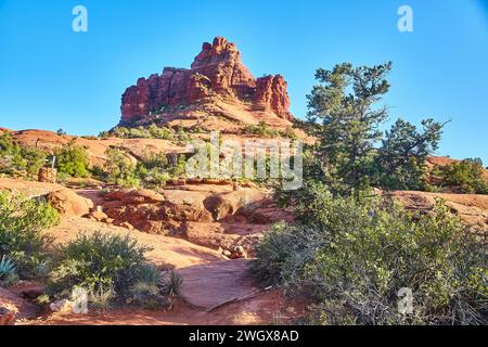Red Sandstone Butte and Desert Flora in Sedona's Landscape Stock Photo