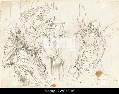 Founder with Maria and the child, Jacopo Palma (Il Giovane) (Follower of), 1560 - 1640 drawing A founder, led by an angel for Mary and the child on a throne, next to which a holy is sitting.  paper. pencil. ink pen Stock Photo