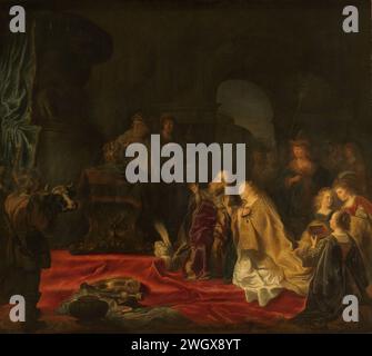 The Idolatry of King Solomon, Salomon Koninck, 1644 painting The idolatry of King Solomon. In the middle the old king kneels in the temple next to one of his wives. On the left the altar and a priest with an incense barrel, in the foreground a servant with a sacrificial animal. On the right the consequence of the king with a servant with a parasol.  canvas. oil paint (paint)  slavery; serfs and the enslaved. Solomon offers sacrifices to pagan gods (sometimes idols and/or a golden calf upon the altar) Stock Photo
