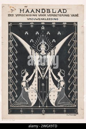 Cover design for: Monthly magazine of Vereeniging for improving women's clothing, c. 1901-1909, Reinier Willem Petrus de Vries (1874-1953), c. 1901 - c. 1909 drawing Standing winged woman in a sleeveless decorated dress with hands in front of her body folded. In addition to the woman, two women kneel. They each reach out to the woman with one hand and wear palm branches in the other hand. The performance is framed by a ornamental line motif.  cardboard. ink. pencil. deck paint pen / brush standing figure - AA - female human figure. dress, gown. ornaments  art Stock Photo