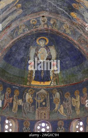 307 Fresco of the Virgin Enthroned holding Christ in a shield-like mandorla, apse of Saint Sophia -Crkva Sveta Sofija- church. Ohrid-North Macedonia. Stock Photo