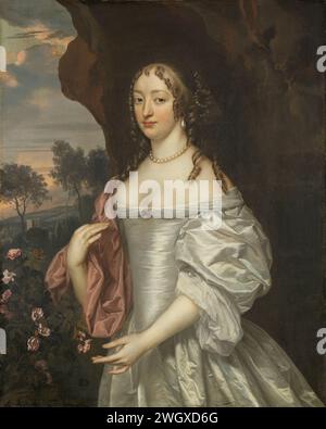 Portrait of Jacoba van Orliens (1643-91), Jan Mijtens, c. 1660 painting Portrait of Jacoba van Orliens, wife of Jacob de Witte van Haamstede. Hippiece, standing in front of a rock wall, on the left a rose bush. Pendant of SK-A-3021.  canvas. oil paint (paint)  historical persons - BB - woman Stock Photo
