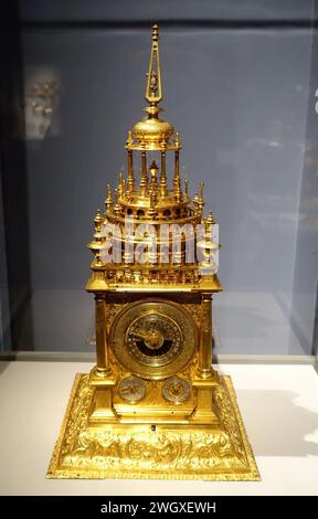 Astronomical table clock, Germany, Augsburg, 1625-1650, gilt brass and copper, silver, steel Stock Photo
