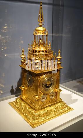 Astronomical table clock, Germany, Augsburg, 1625-1650, gilt brass and copper, silver, steel Stock Photo