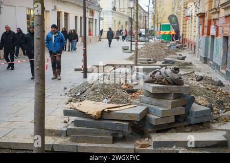 Cluj-Napoca, Romania - December 21, 2023: Paving works on Bolyai Janos street in the old center of Cluj-Napoca, Romania. Stock Photo