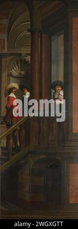 A Seven-Part Decorative Sequence: An Outdoor Stairway, Dirck van Delen, 1630 - 1632 painting Part of a seven -part room painting in five pieces with images of an interior, two galleries and two external stairs, populated with numerous people. This concerns the right half of the performance with three figures on an external staircase. (For the other half of SK-A-3941)  canvas. oil paint (paint)  palace Stock Photo